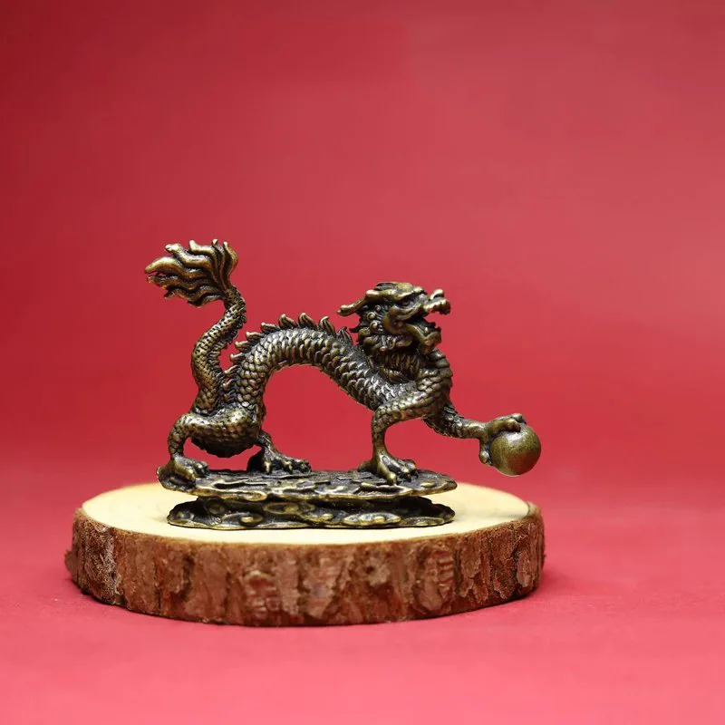 Brass Five-Clawed Golden Ornament, Green , Zodiac , Single Dragon Playing with a Pearl Decorative Display Pie