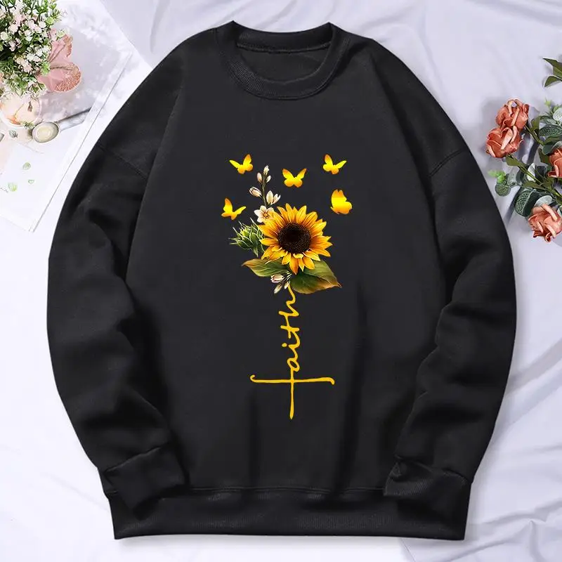 Sunflower Butterfly Beautiful Prints Womens Sweatshirt Simple Loose Autumn Hooded Street Fleece Warm Hoodies Crewneck Pullover