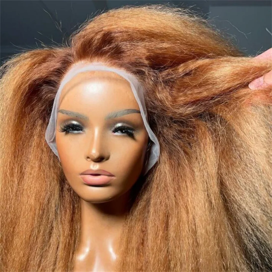 

26Inch Ombre Blond Yaki Soft 180%Density Long Kinky Straight Lace Front Wig Preplucked Glueless For Women BabyHair synthetic