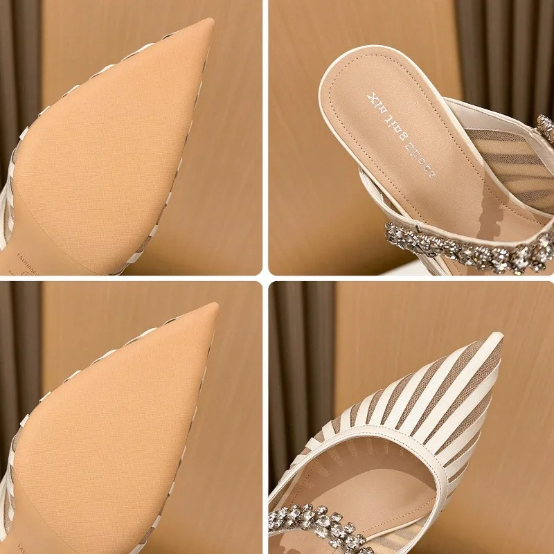 Unique Striped Weave Mesh Women's Pumps Fashion Rhinestone Details Stiletto Sandals for Women Sexy Pointed-Toe Women's Shoes