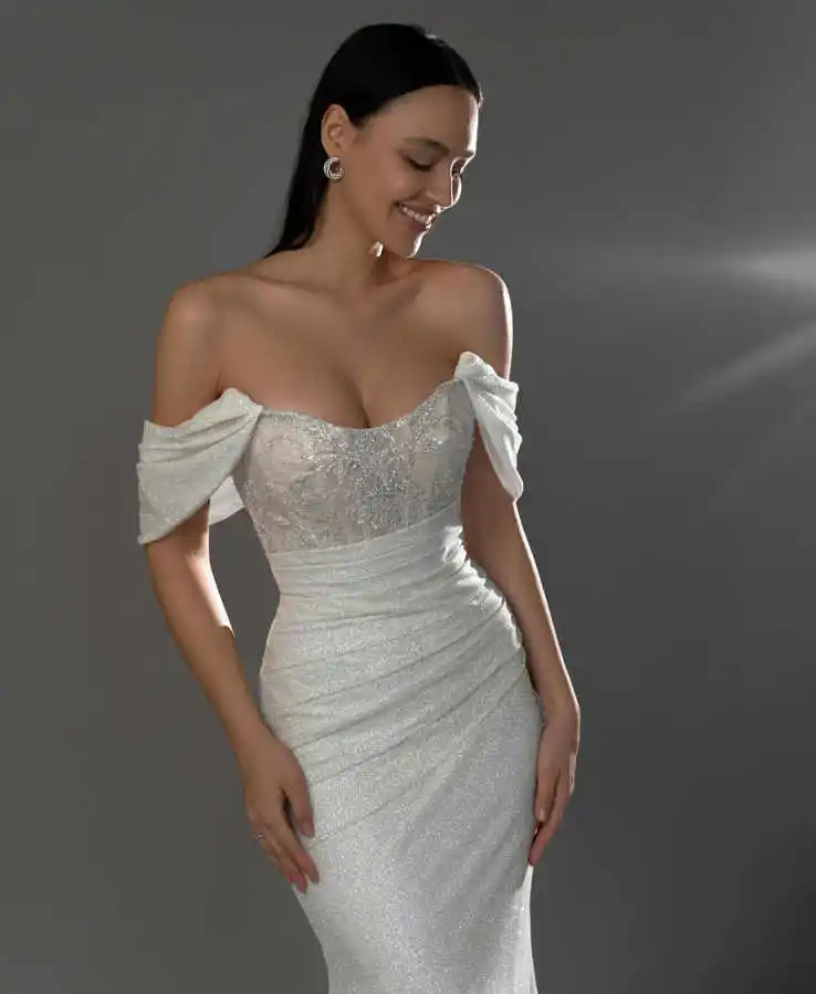 فساتين زفاف حورية البحر أنيقة بدون أكمام قبالة الكتف فساتين زفاف من الساتان بالإضافة إلى حجم مناسبة رسمية حسب الطلب