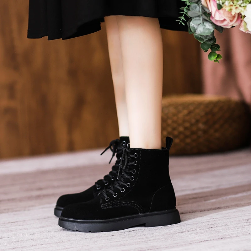 Womens Brown Suede Combat Boots Lace Up Round Toe Ankle Booties With Low Chunky Heel Comfortable Non Slip For Fall Winter Daily view 6