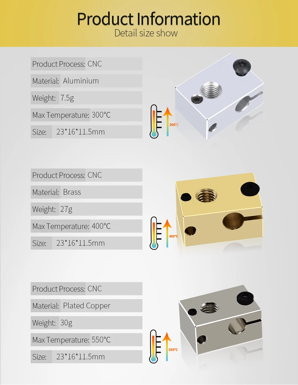 Hohe Qualität V6 Heizung Block Überzogene Kupfer Messing PT100 3D Drucker Teile Wärme Block Für Upgrade E3D V6 Hotend DDB Titan Extruder – Detail 2