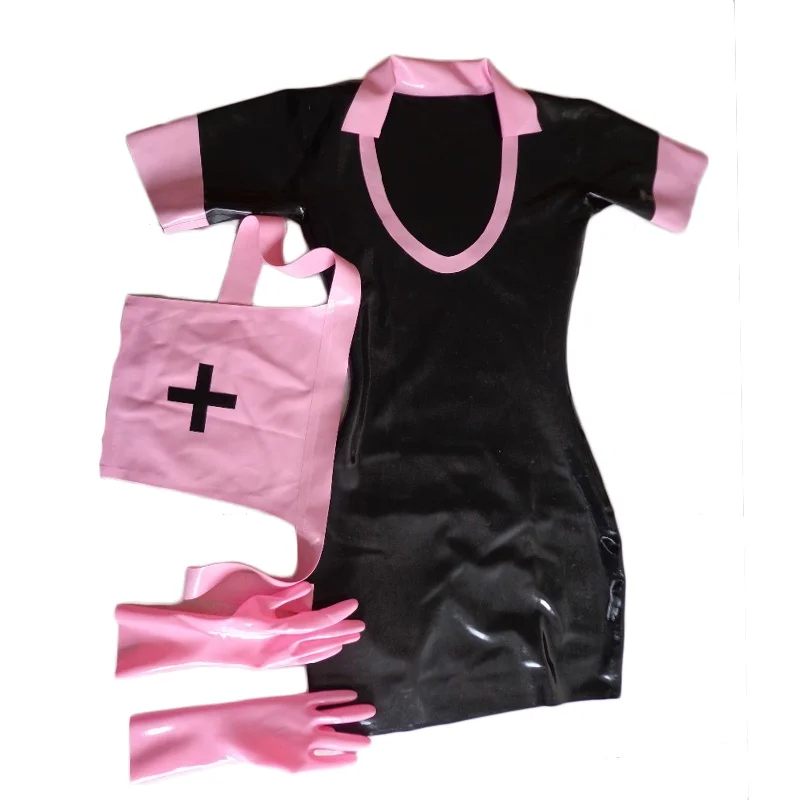 Sexy Women's Maid Black Latex Dress Rubber One-piece Long  Pink Apron with Back Zipper