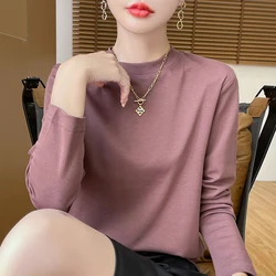 Spring and Autumn Half-high-necked Women's Long-Sleeved T-shirt 100% Cotton New Bottoming Shirt Loose Outside