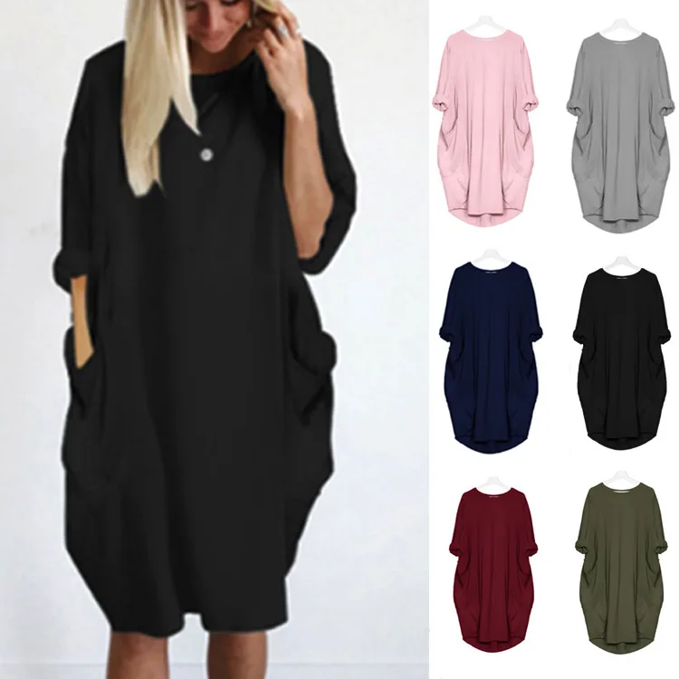 

Women's casual loose pocket long sleeved dress