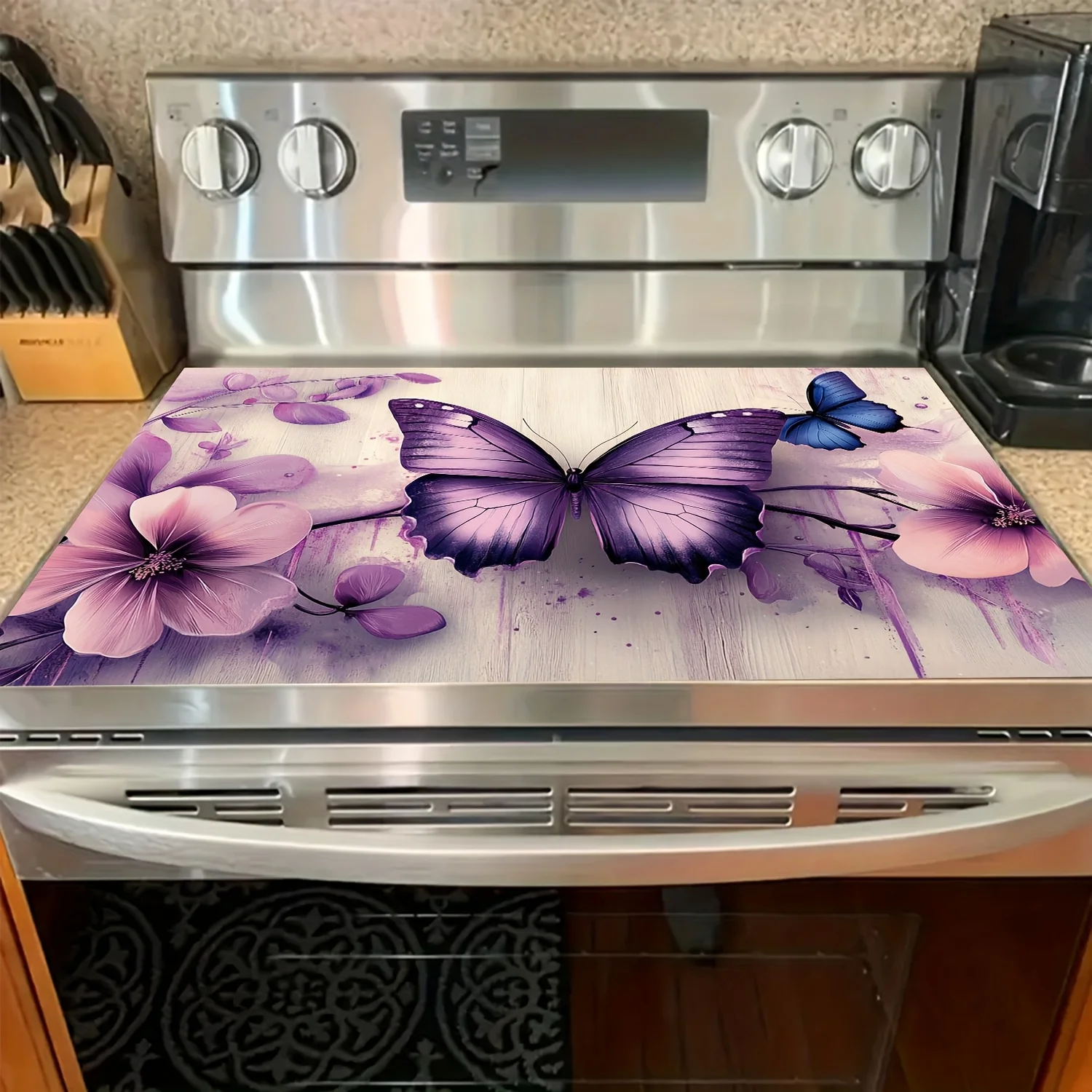 Romantic Purple Floral Butterfly Stove Top Cover, Non-Slip Heat Resistant Burner Cover, Elegant Insect Stove Protector Mat for