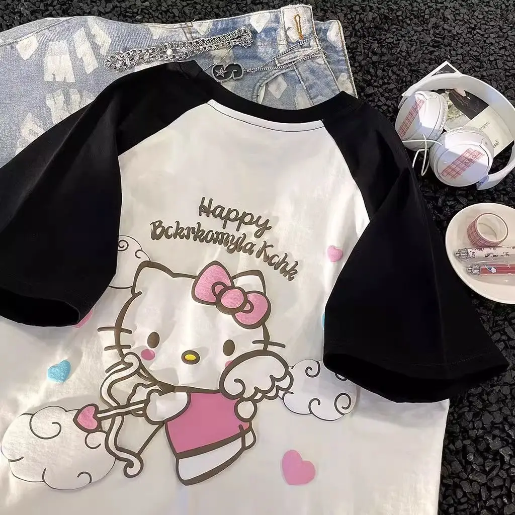 Hello Kitty Sanrio t-shirt grigia Kawaii Cartoon Print Cotton Top o-collo camicie oversize Streetwear Splicing Top abbigliamento donna