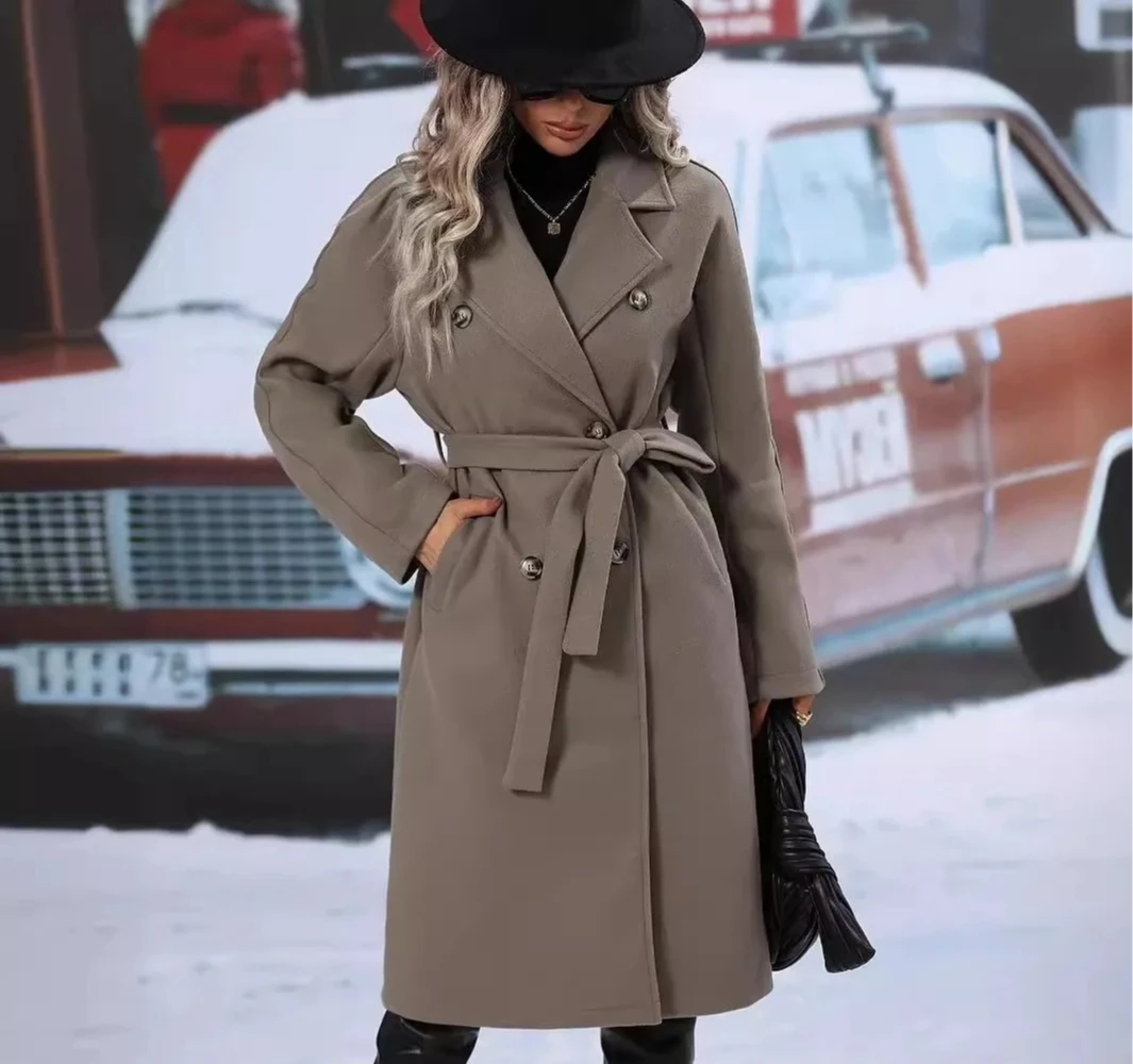 

autumn and winter Amazon cross-border European and American new woolen double breasted lace up woolen coat jacket