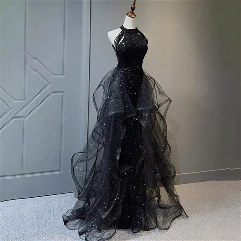 

Lily Halter Black Beach Evening Gown Tiered Elegant Prom Dress shining Glitter Wedding Evening Dress Custom Size robes de soirée