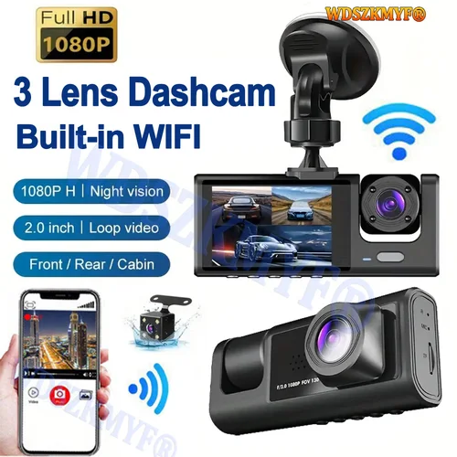 WIFI APP 3 canales coche DVR 1080P cámara de salpicadero para coches cámara de grabación de coche de doble lente cámara de visión trasera opcional accesorio de coche camara grabación para coche，cámara trasera coche