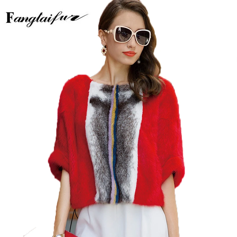 Ftangaiur Winter Female Import Velvet Mink Fur Coat Half Sleeve Mink Coat Women Jacket O-Neck Short Natural Real Mink Fur Coats