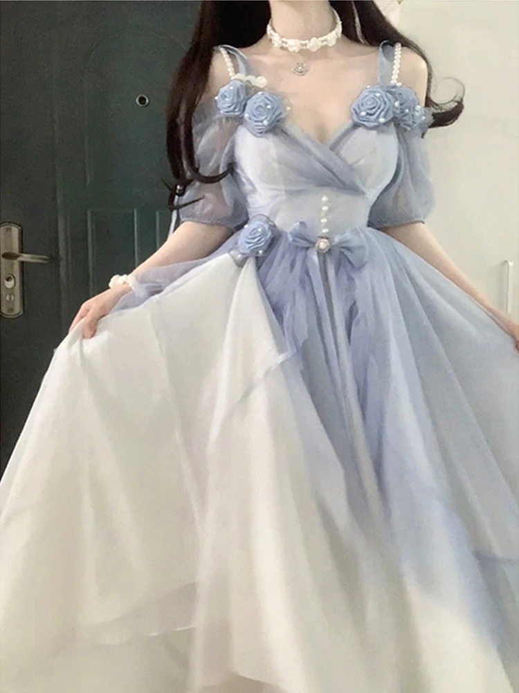 

Ladies Dress Lolita Suspender Dress Three-dimensional Rose Mesh Off-the-shoulder Princess Dress Sweet and Elegant Dresses