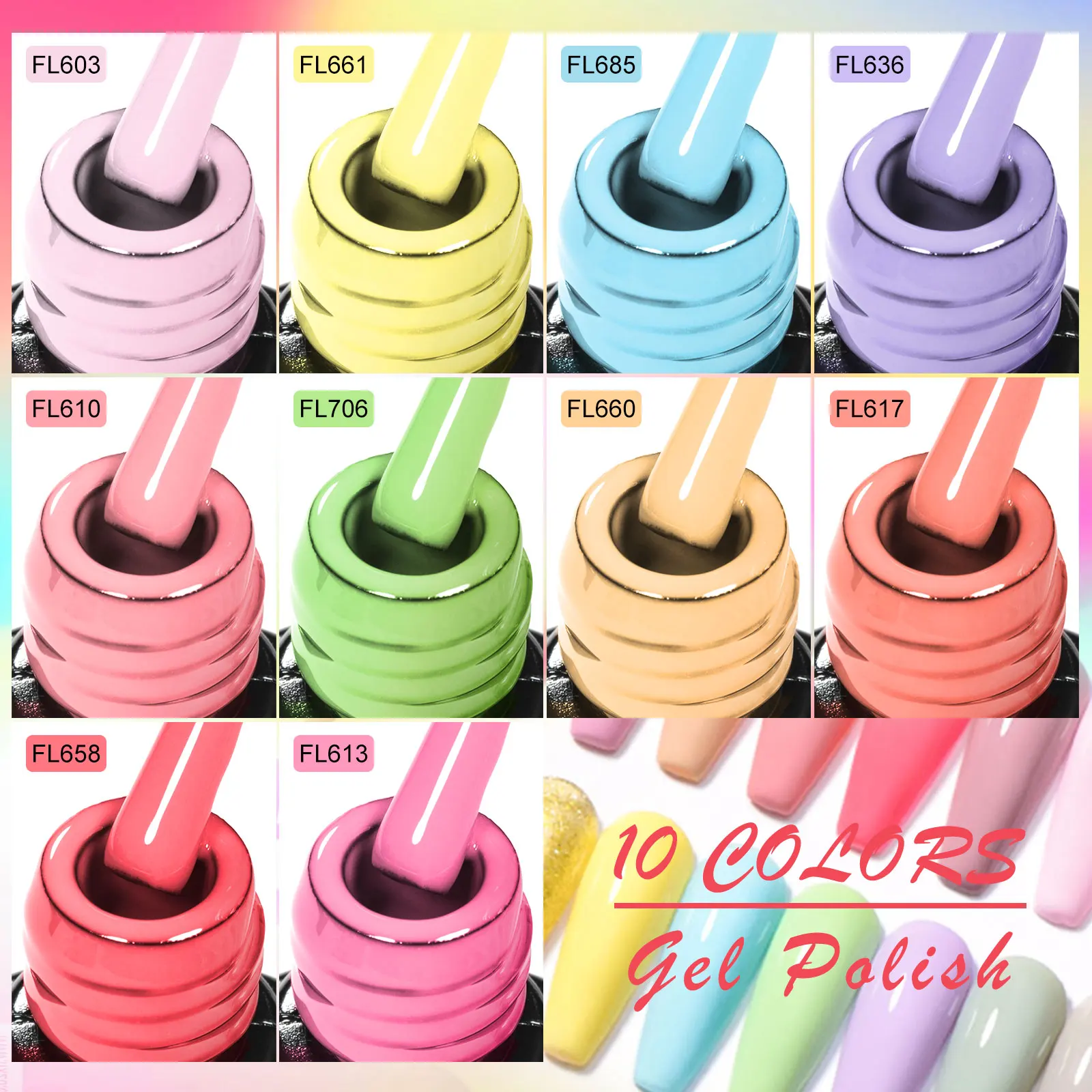 

12pc Macaron Summer Colors Nail Gel Polish Set Base Gel Top Coat Included HEMA FREE Semi Permanent UV/LED Nail Art DIY Manicure