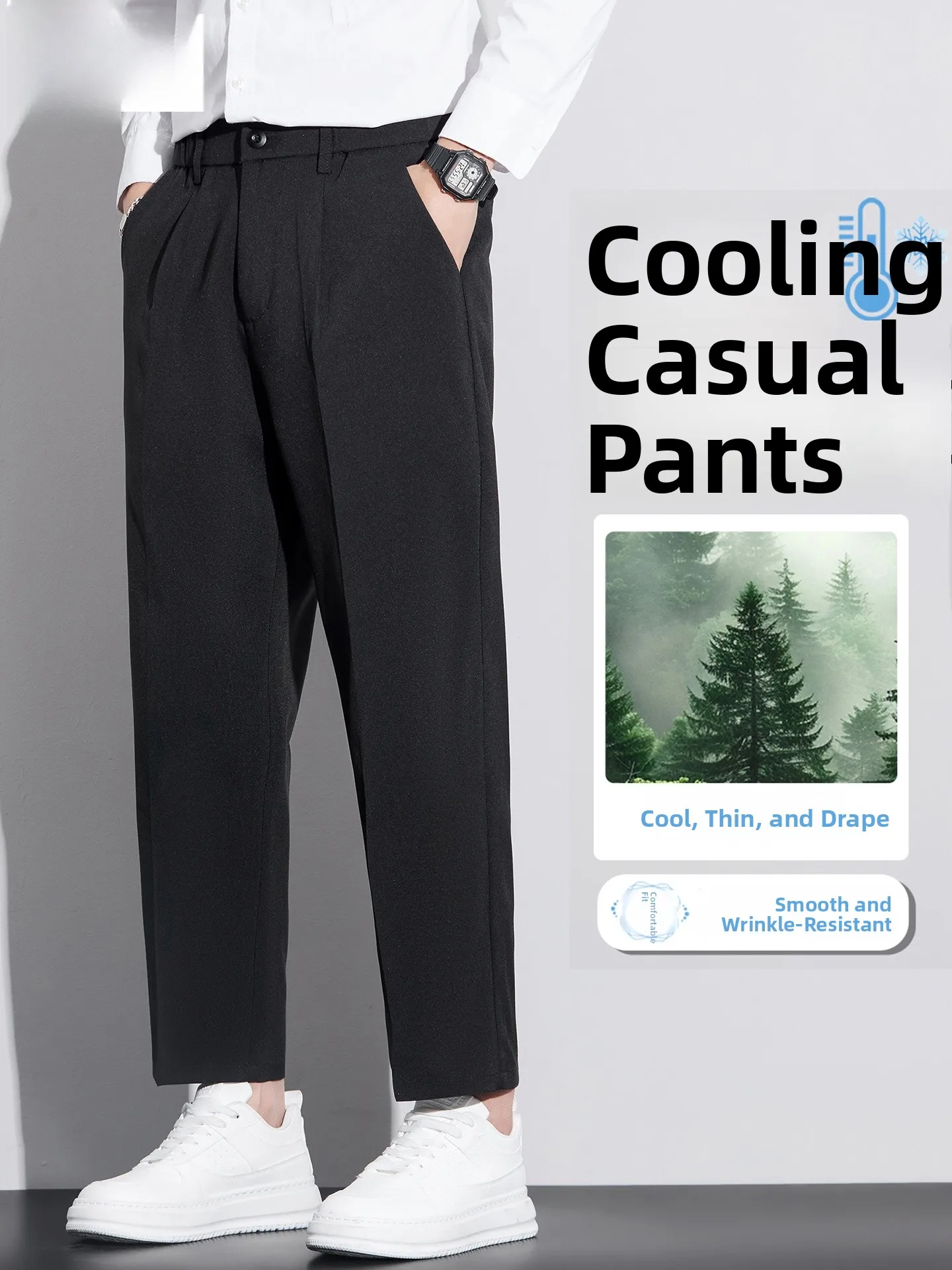 

Мужские повседневные брюки из ледяного шелка, свободные, прямого кроя, летние, модные, черные, в стиле костюмных брюк, из струящегося полиэфирного волокна, весенний сезон