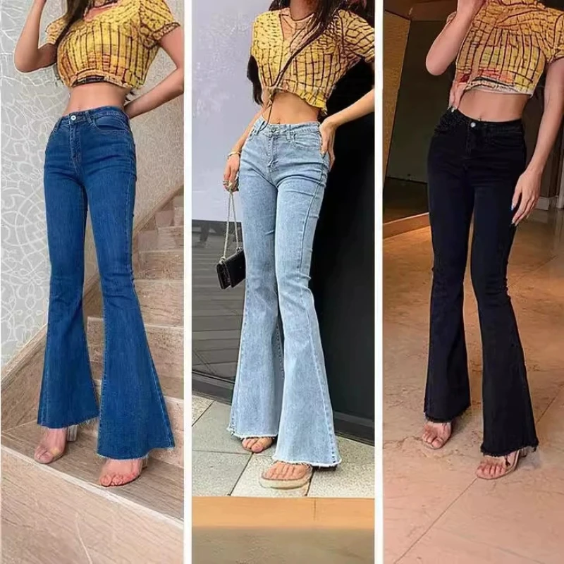 Spring Woman Mid Waist Vintage Flare Jeans Girls Bell Bottom Pants Female Streetwear Denim Causal Slim Fit Trousers