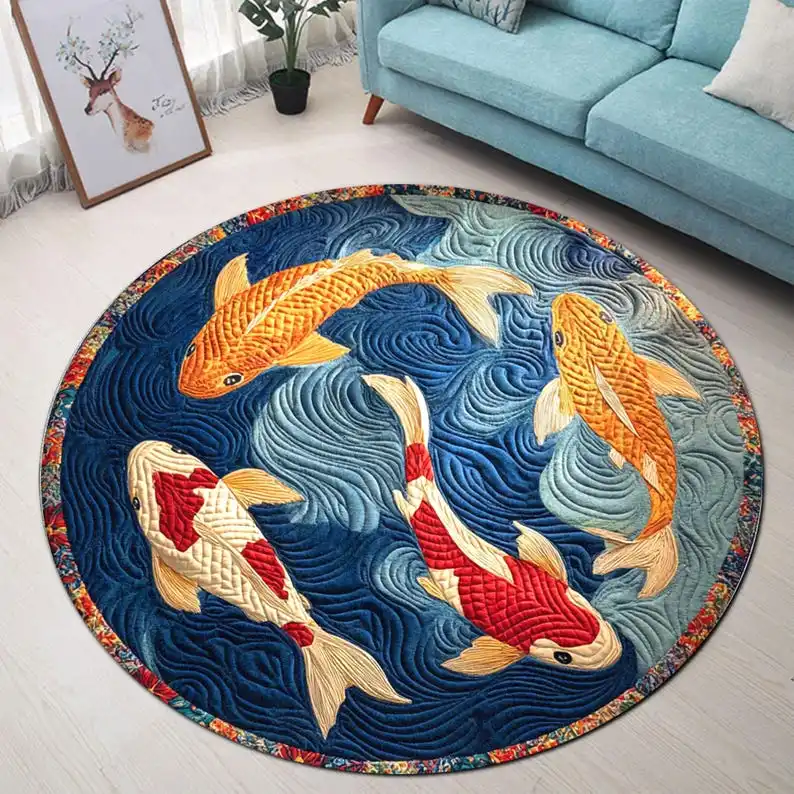 Japanese Koi Fish Round Rug, Water Wave Flannel Carpet, Zen Home Decor with Koi Pattern, Meditation Area Floor Mat