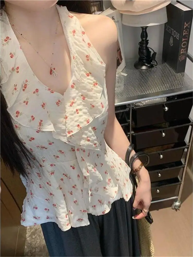 Sweet  Floral Print off Shoulder Sleeveless Women's Chiffon Top Summer New Style Gathered Waist Hanging Neck Line Shirt