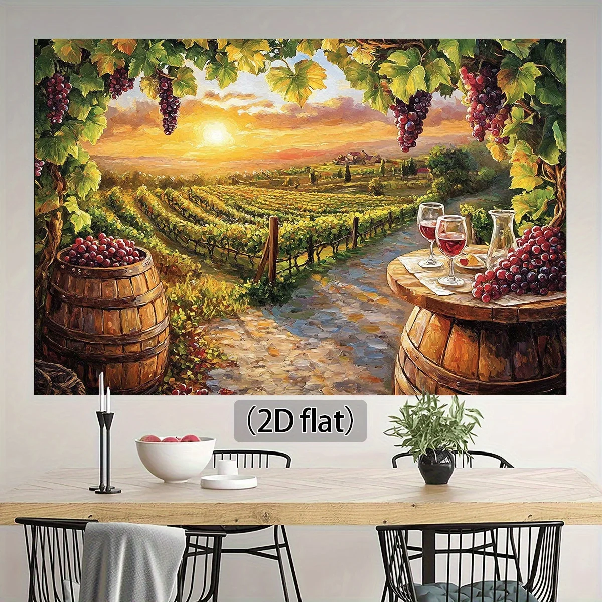 Vineyard Landscape Tapestry -Grape Harvest Wine Barrel Sunset Wall Art Rustic Farmhouse Decor Living Room Kitchen Multiple Sizes
