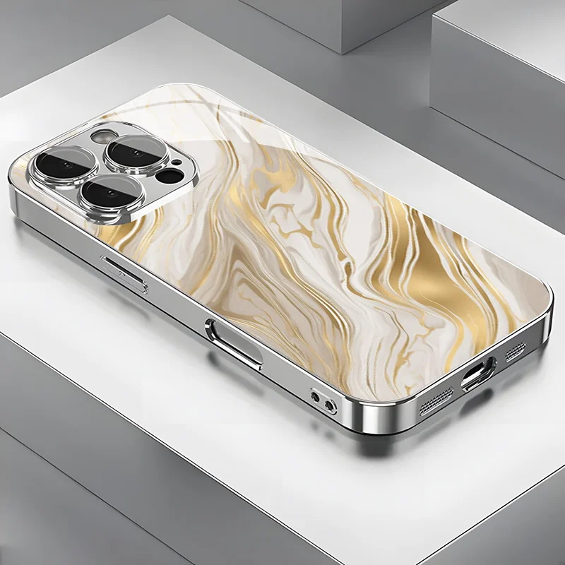 Golden Gradient Texture Pattern Electroplated Glass Phone Case for iPhone 18 17 16 15 14 13 12 11 Pro Max XS XR 7 8 Plus 16E