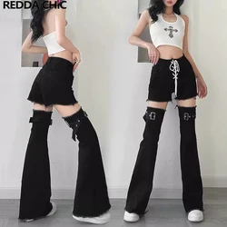 REDDACHiC Elastic Women Leg Warmers with Buckle Belt Black Plain Thigh-long Socks Topper Harajuku Grayu Goth Girls Acubi Fashion