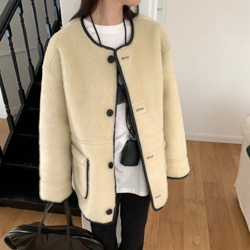 

Ladies' Chic Korean Sle Double-Sided Wear Lamb Fur Coat Loose Warm Autumn Winter Outerwear Commute Faion Long Sve Butt...
