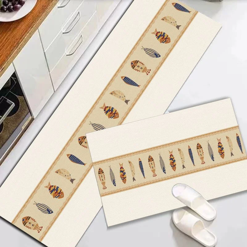 VIKAMA Aesthetic Retro Hand Painted Fish Kitchen Floor Mat Set Durable Thin Waterproof Long Carpet Kitchen Home Decor
