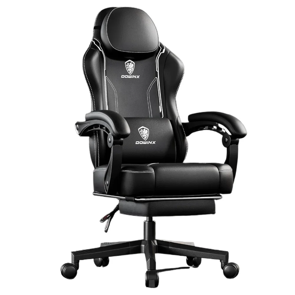 Gaming Chair with Pocket Spring Cushion and Massage Lumbar Support,High Back Leather Game Chair for Office Gaming 300LBS, Black