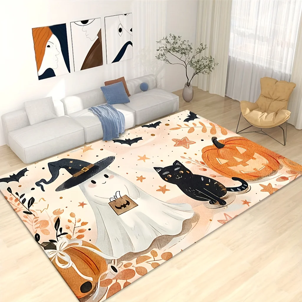 Halloween Rectangle Area Rug Cute Ghost Witch Hat Black Cat Pumpkin Bat Print Home Living Room Floor Carpet Decor Mat