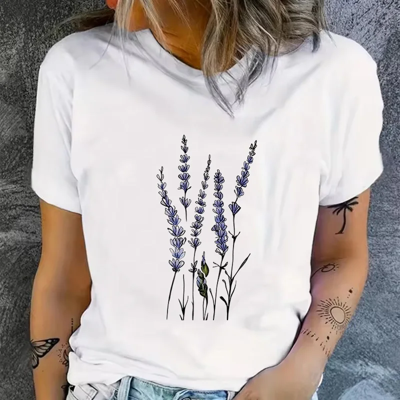 Women's Summer Lavender Floral Print T Shirt Graphic Casual Tshirt Fashion Crew Neck Short Sleeve T-shirt Clothes Girls