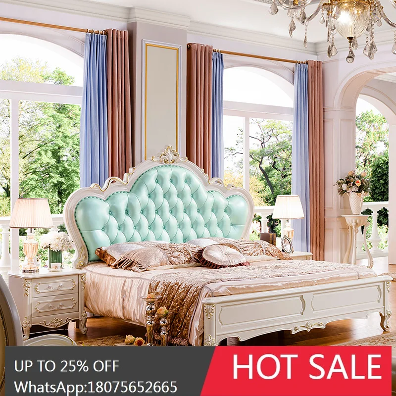 

SGF European Style Master Bedroom Double Bed 1.8m Solid Wood Genuine Leather Light Luxury French Bed
