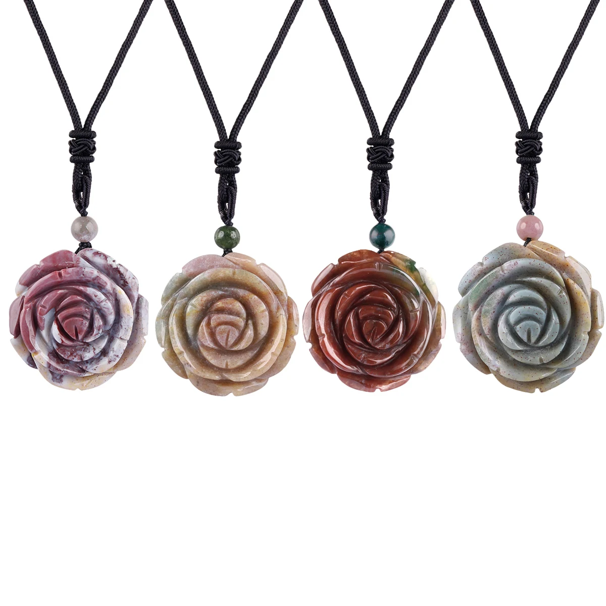 

TUMBEELLUWA Natural Gem Stone Hand Carved Rose Flower Charms Pendant Necklace Healing Crystal Jewelry For Women with Gift Box