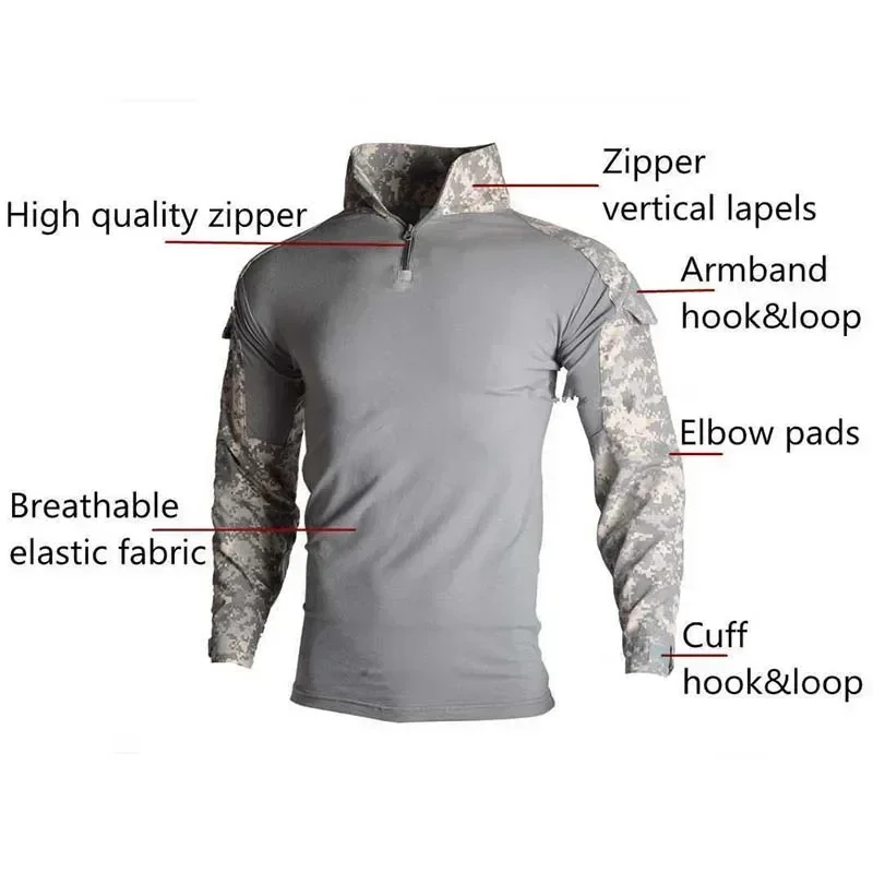 男性用長袖タクティカルシャツ、cpシャツ、1、4ジッパー、耐引裂性コットン、透明カモフラージュ、アウトドアTシャツ、服