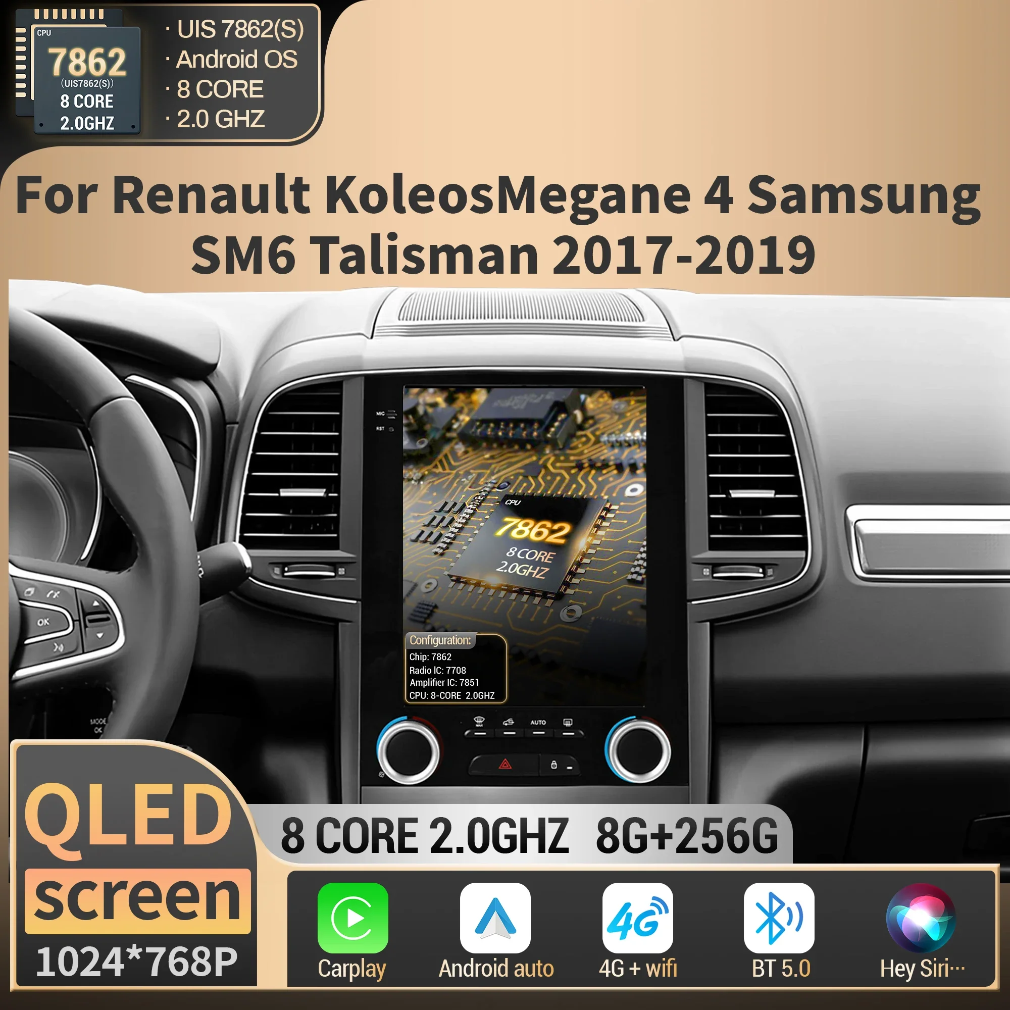 9.7″For Renault Koleos Megane 4 Samsung SM6 Talisman 2017 2018 2019 Wireless Carplay Car Radio Multimedia Head Unit QLED Screen
