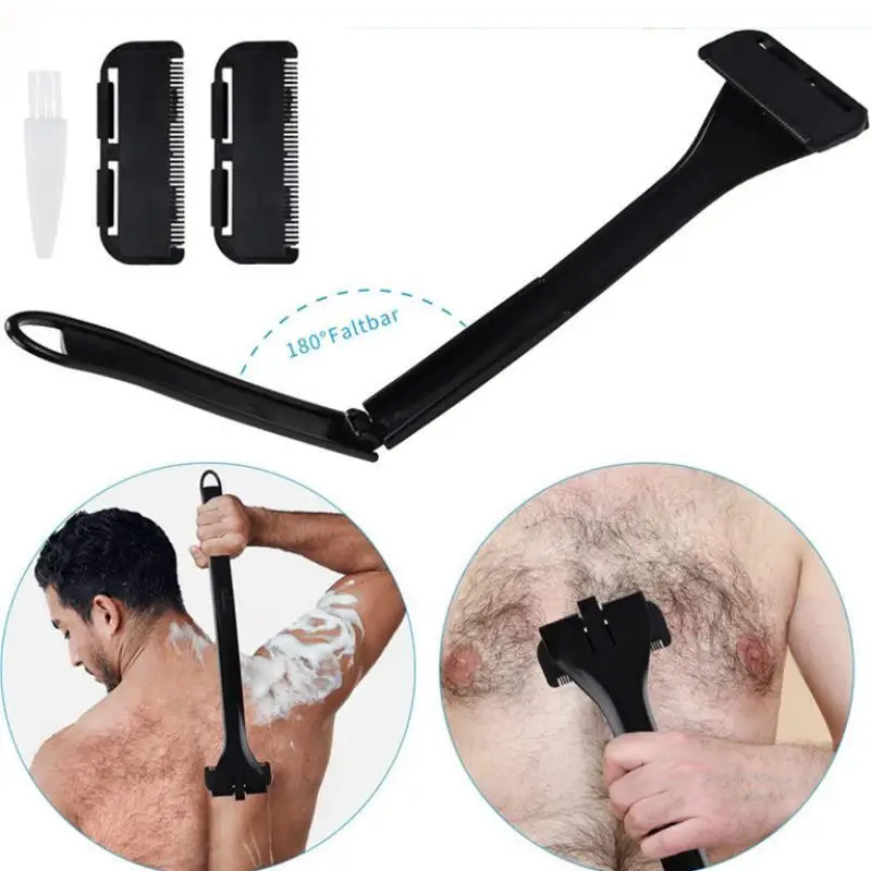 Long Handle Folding Shaver for Men Body Back Hair Trimmer Body Leg Razor Shaver Hair Removal Tool with 5Pcs Replaceable Blades