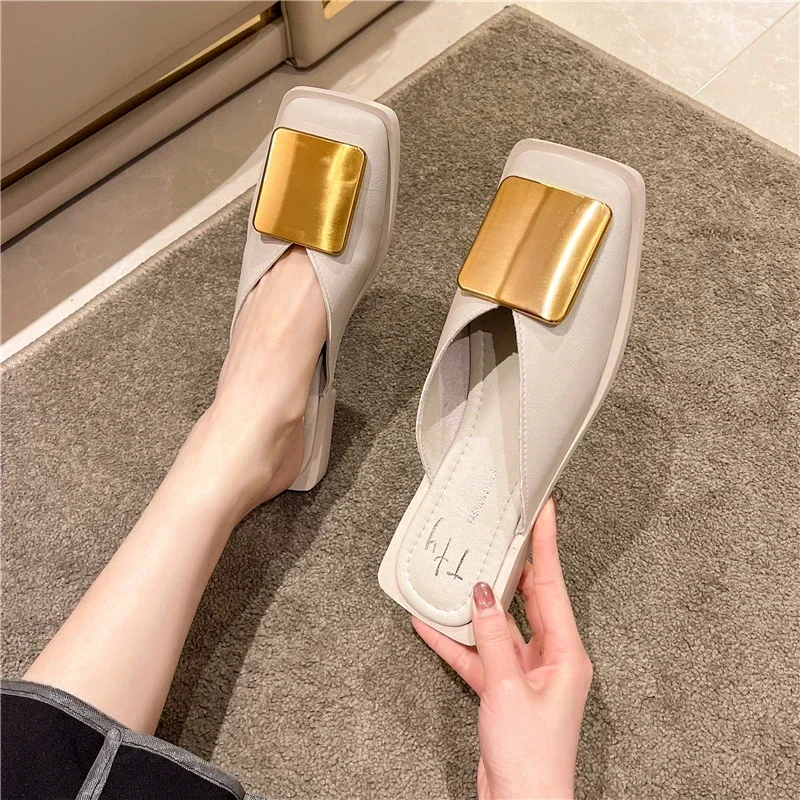 2024 New Women\'s Shoes Closed Toe Women\'s Slippers Fashion Dress Slippers Women Metal Decoration Square Toe Low Heel Shoes Women