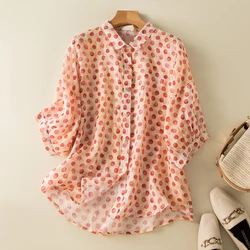 Polka Dot Printing Casual Linen Polo-Neck Short Sleeve Single Breasted Women's Blouse Shirt Female Clothing Tops 2024 Spring