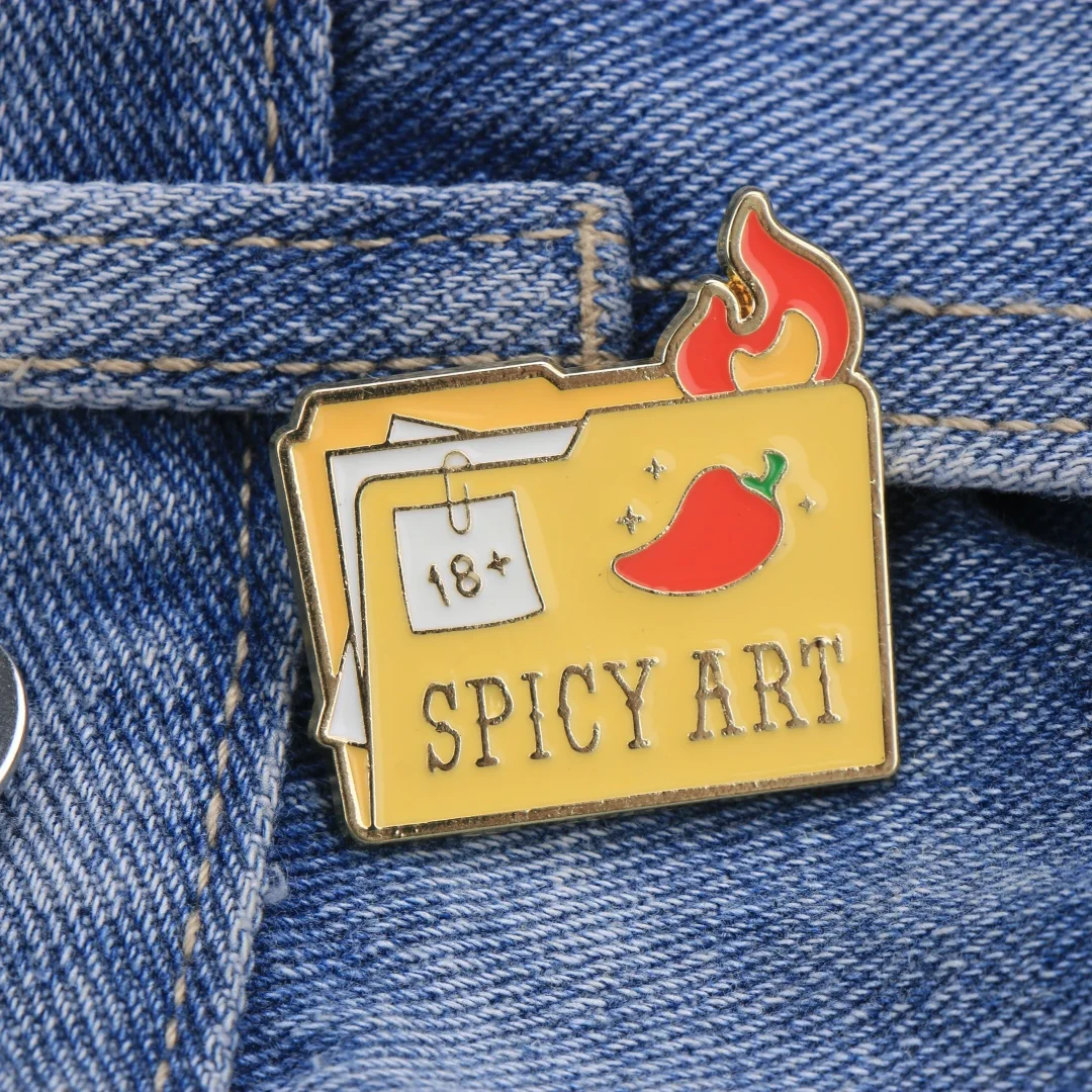 Spicy Art Folder Slogan Enamel Lapel Pin, Hot Chili Flame Cartoon Metal Brooch Badge, Funny 18+ Label Punk Decor for Jackets