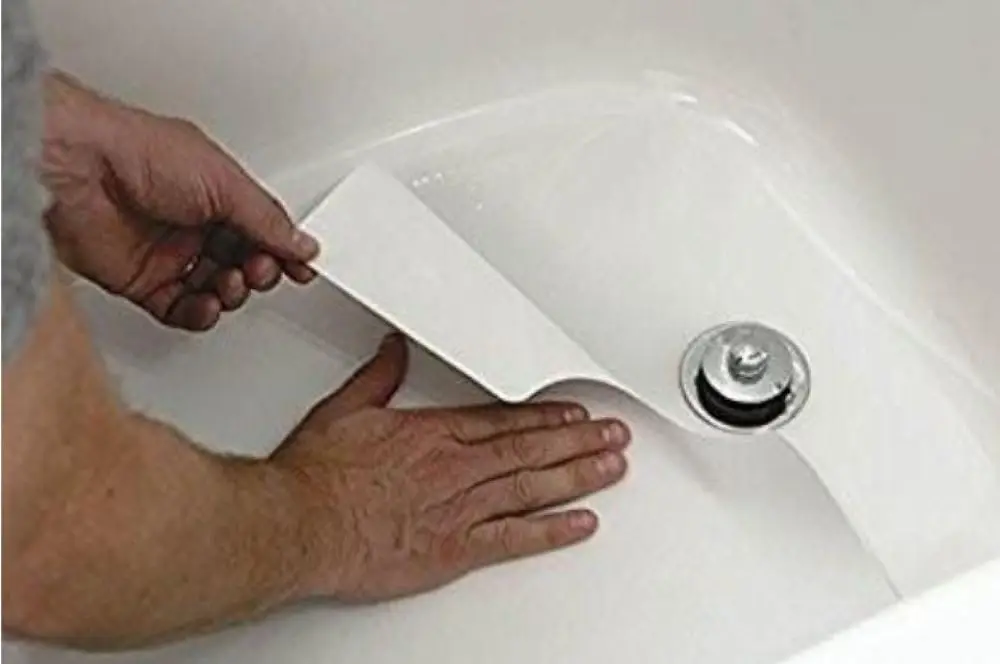 

16" X 40" White Adhesive Vinyl Anti-Slip Bath Mat with Drain Cut-Out for Safe Shower Traction