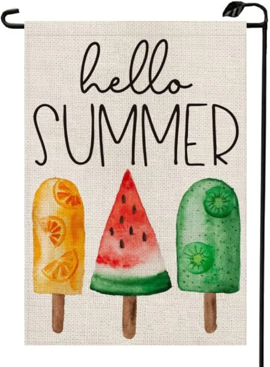 Summer Ice Cream Garden Flag 12×18 Inch Double Sided Small Burlap Hello Summer Yard Outside Decoration Flag XJ05