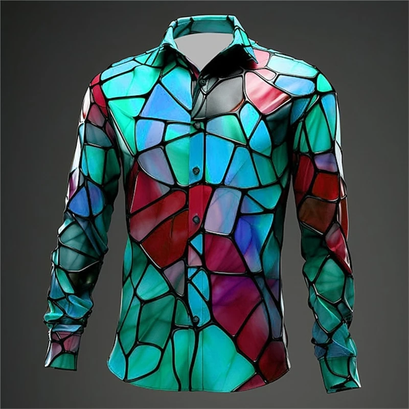 Irregular Colour Block Print Men's Shirts Casual Single-Breasted Blouses Long Sleeve Shirt Streetwear Lapel Tops Men Clothing