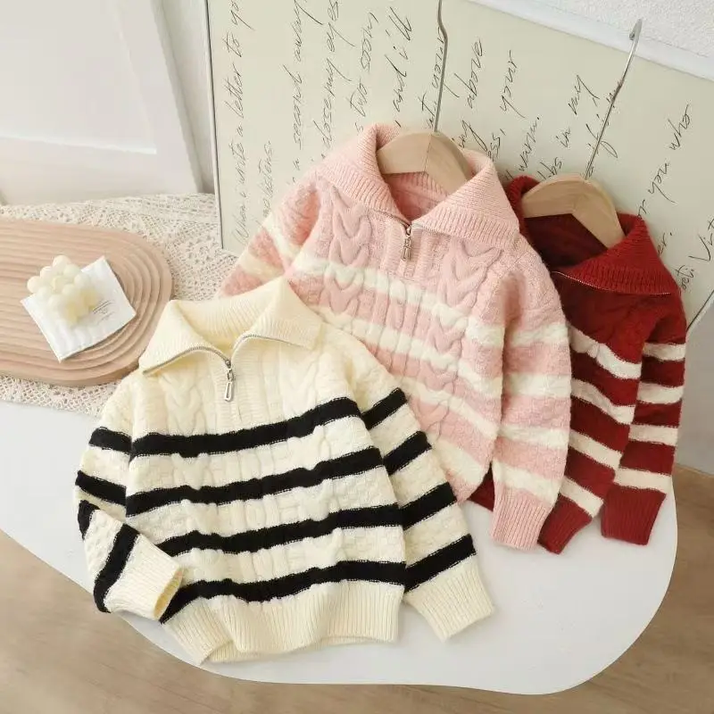

New Children's Sweater Collection Korean-Style Striped Children's Sweater Jacket Girls' Knitted Cardigan Zip-Front Design Top