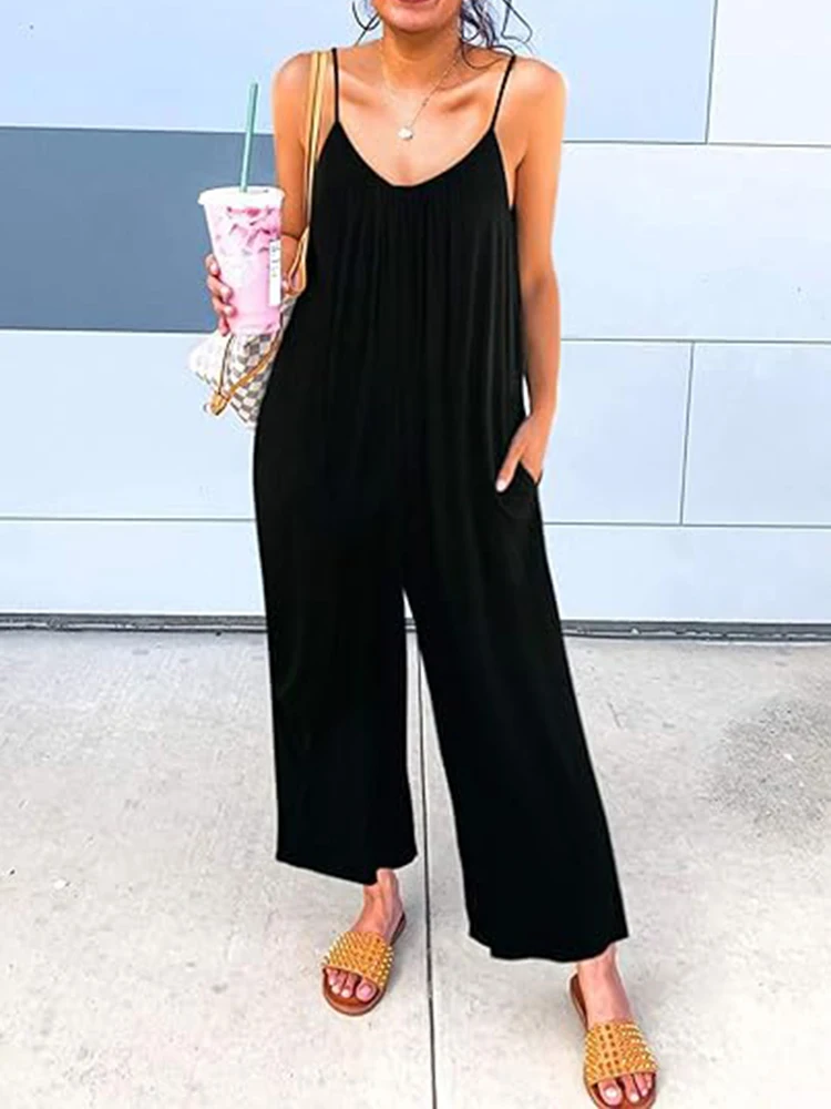 Sleeveless Women Jumpsuit Summer Spaghetti Strap Overalls Loose Casual Romper Pants Solid Color Wide Leg Pants