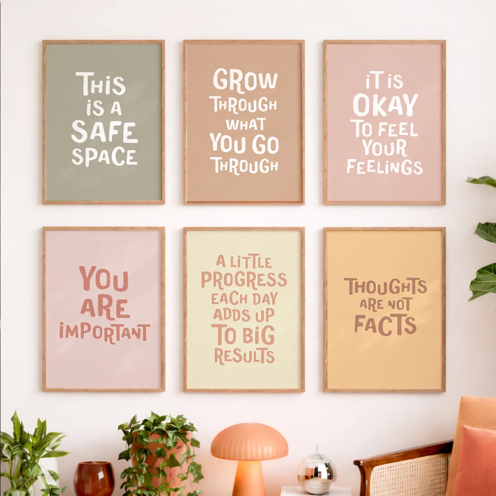 Lot de 6 affiches murales décoratives modernes sur toile, thème Santé Mentale : Affirmations, Espaces Sûrs, Émotions, Avancées Importantes, Pensées, Couleurs Pastel