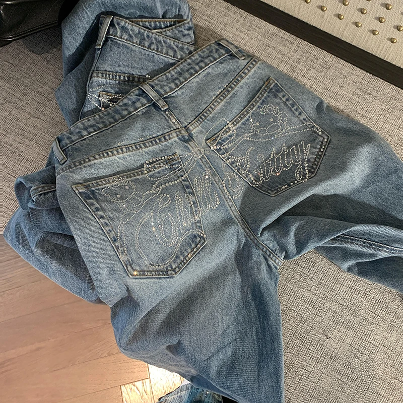 REDDACHiC سباركلي حجر الراين رسائل فضفاض الجينز لطيف Y2k ريترو شعيرات عادية بنطال ذو قصة أرجل واسعة كوريا النساء السراويل الشارع الشهير