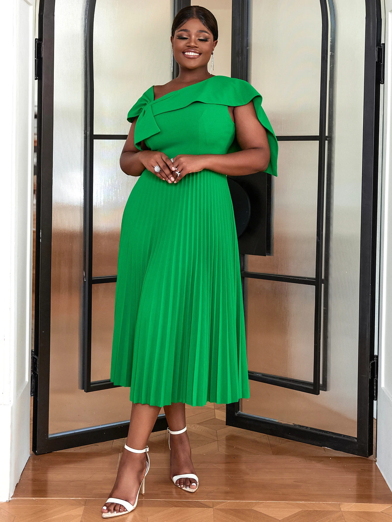 

Women Large Size Green A-Line Dress Bow Short Sleeve Pleated Elegant Fashion African Formal Evening Event Outfits Summer 2024