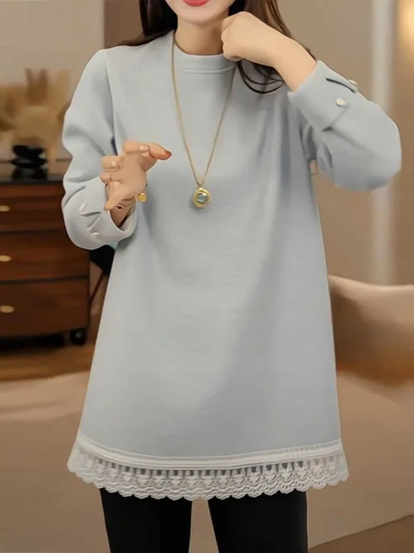 

Lace Splice Thiened Sweatirt Women's Spring Large Size Inner Wear Casual Loose Sle Slimming Effect round Ne Long Sve