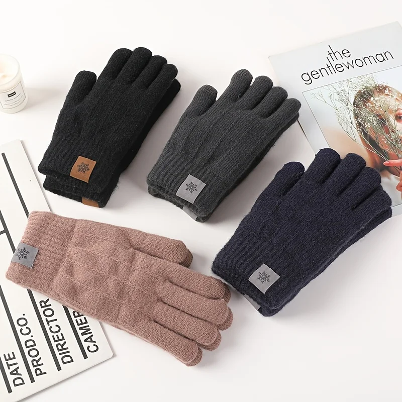 Winter Warm Gloves Men's and Women's Solid Color Double Layer Velvet Thickened Windproof and Cold Proof Knitted Gloves