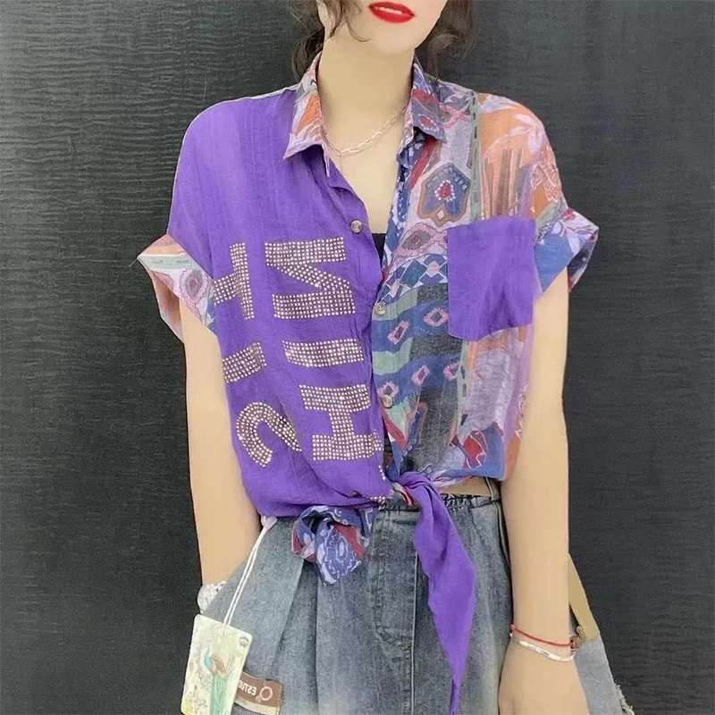 

Summer Casual Fashion Diamonds Patchwork Chiffon Shirt Lady Short Sleeve Loose All-match Buttons Tops Women Printed Blouse