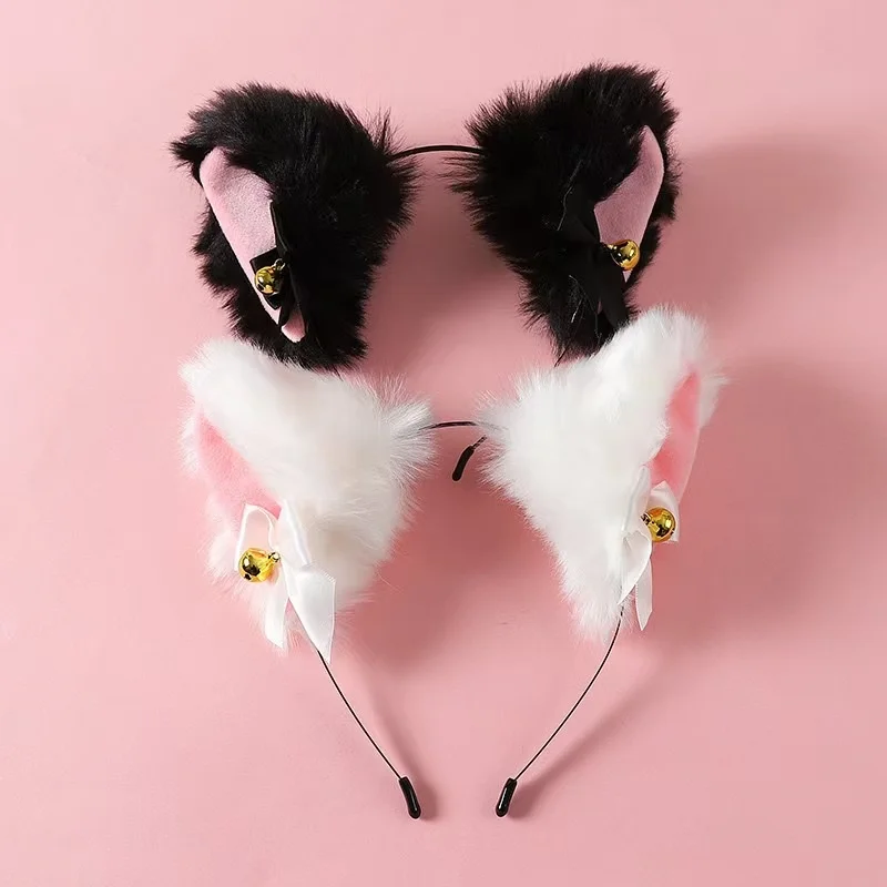 Sexy Cat Ears Headband for Women Girls Lace Bow Necklace Plush Bell Hairband Cosplay Masquerade-Party Costume Hair Accessories